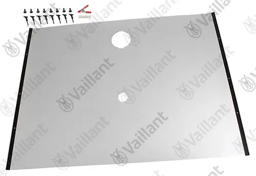 Vaillant Metallplatte mit zwei kreisförmigen Ausschnitten und schwarzem Rand, begleitet von Schrauben und Werkzeug.